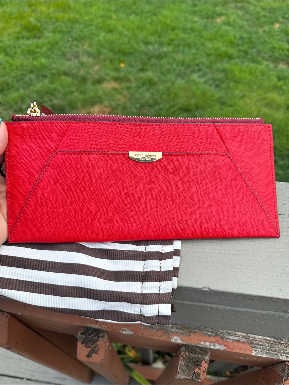 Henri Bendel Red Saffiano Zip Wallet Clutch
